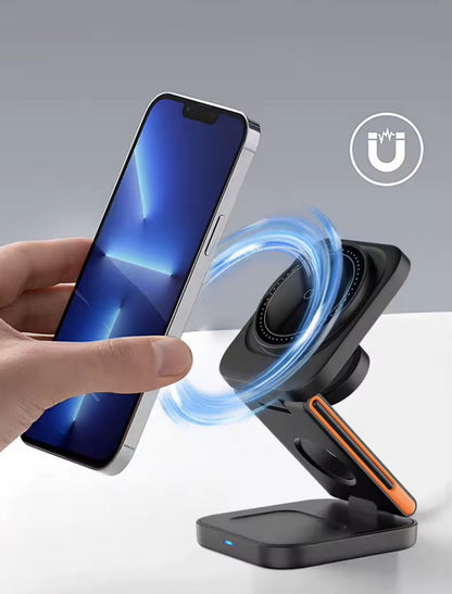 3-i-1 Trådlös Laddstation – Vikbar och Magnetisk | För Mobil, Klocka och Hörlurar