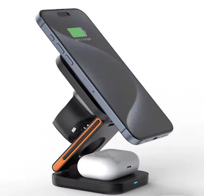 3-i-1 Trådlös Laddstation – Vikbar och Magnetisk | För Mobil, Klocka och Hörlurar