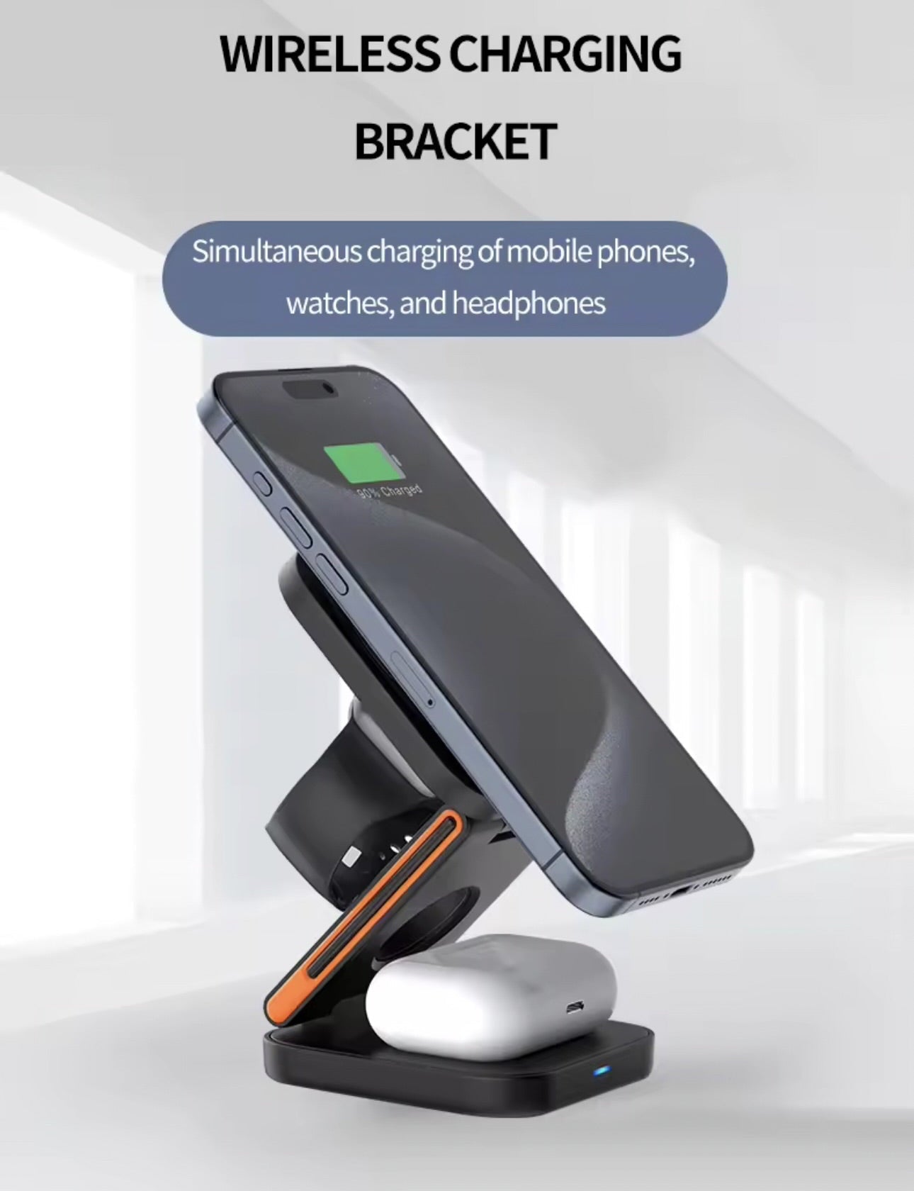3-i-1 Trådlös Laddstation – Vikbar och Magnetisk | För Mobil, Klocka och Hörlurar
